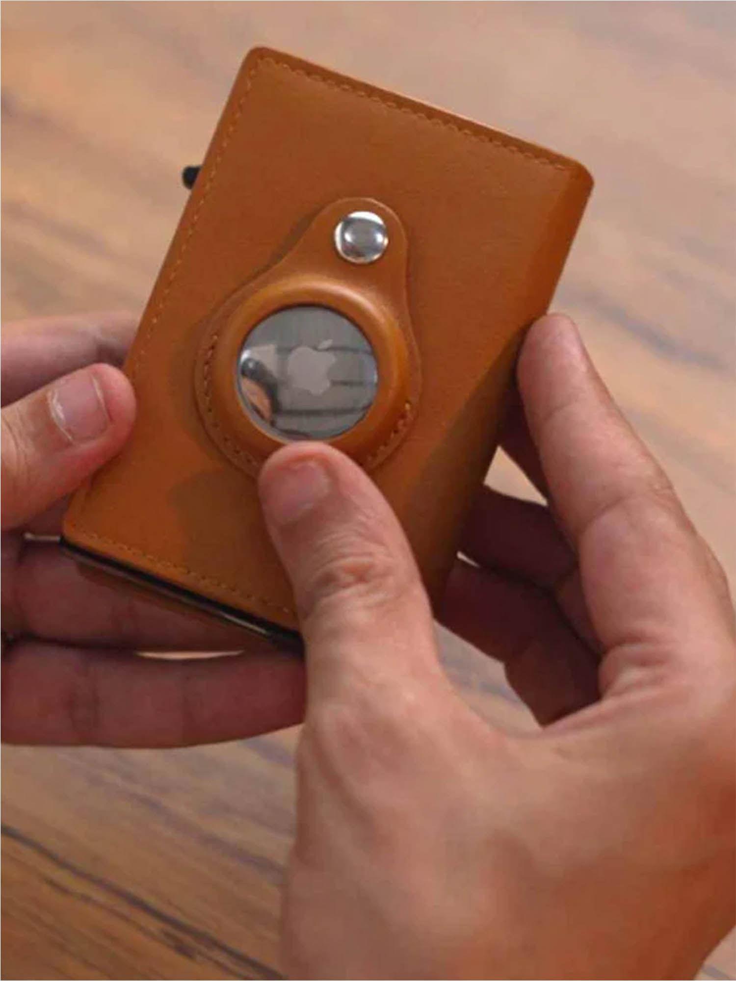 unisex slim minimalist smart air tag pop up wallet - brown