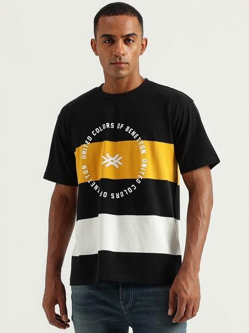 united colors of benetton black & yellow cotton boxy fit colour block t-shirt