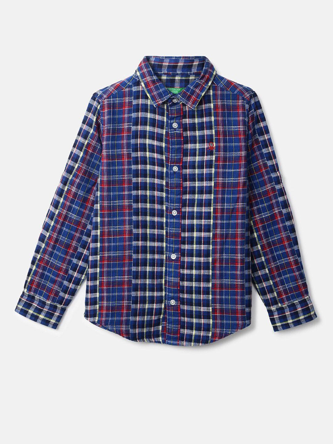 united colors of benetton boys blue checked cotton casual shirt