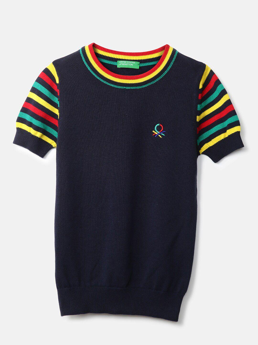 united colors of benetton boys navy blue striped sleeves pullover sweater