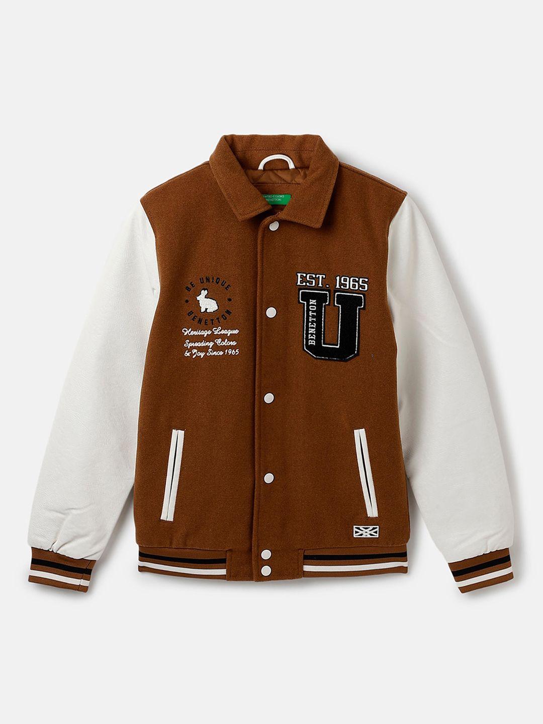 united colors of benetton boys typography printed spread collar varsity jacket