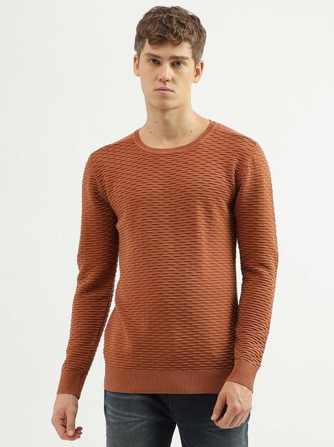 united colors of benetton brown cotton regular fit texture sweater