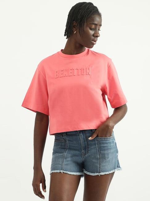 united colors of benetton coral cotton regular fit crop top