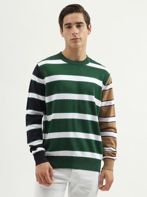united colors of benetton green cotton regular fit striped sweater