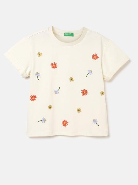 united colors of benetton kids cream embroidered t-shirt