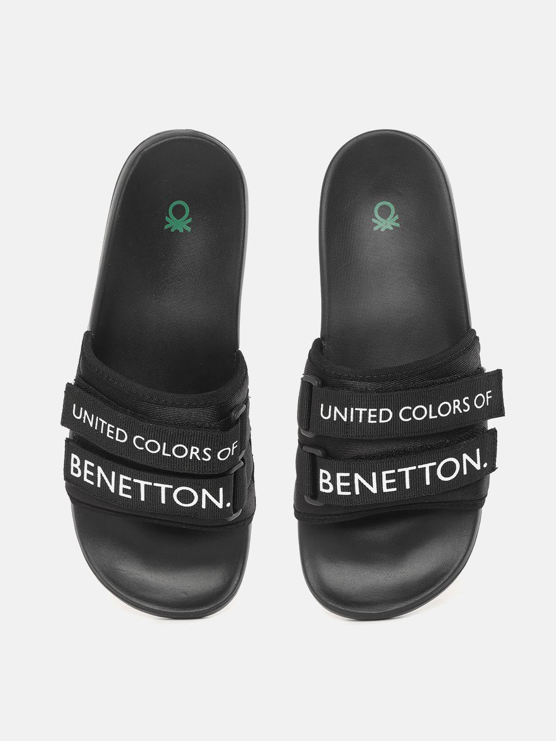 united colors of benetton men black & white brand logo print sliders