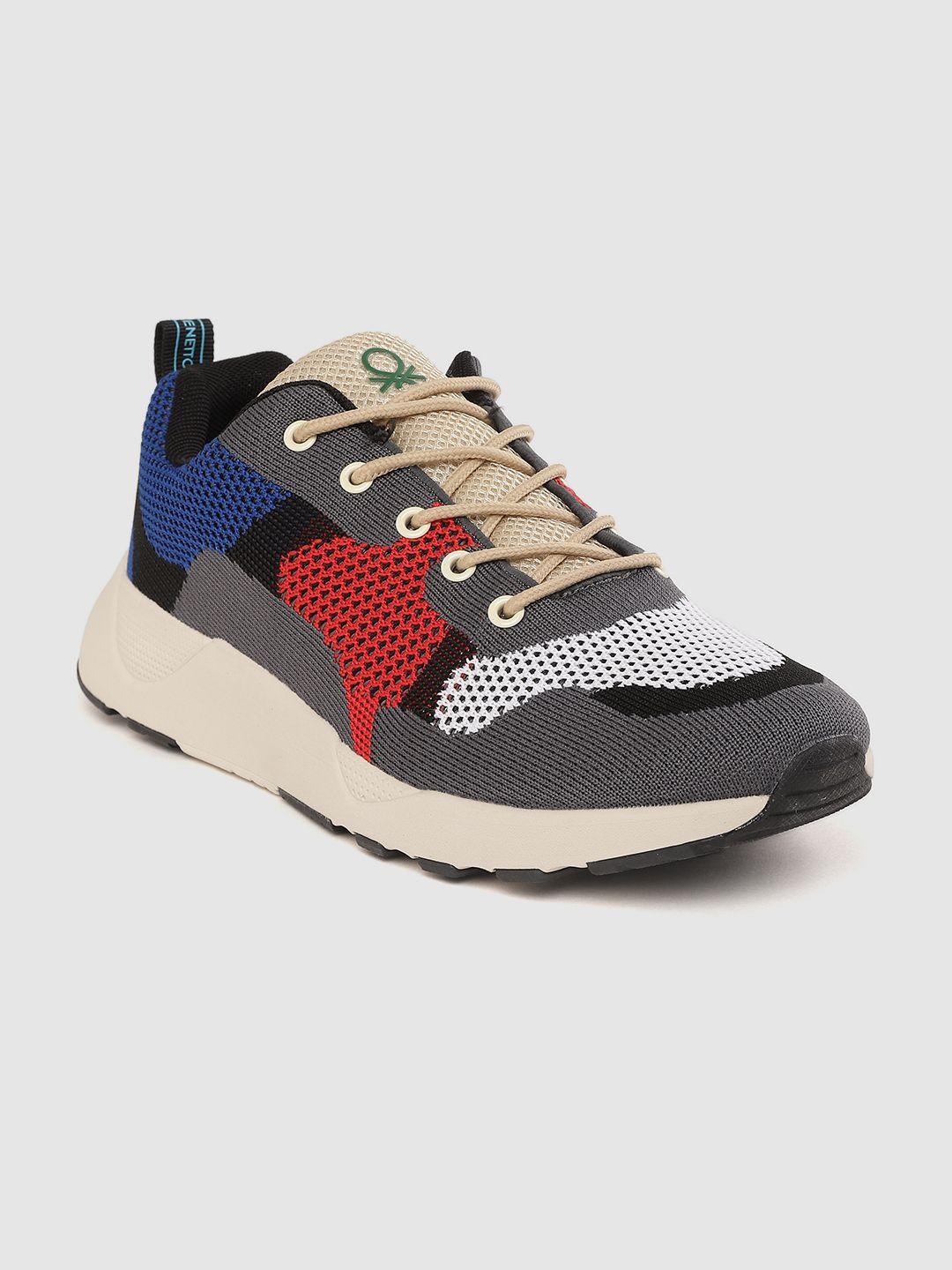 united colors of benetton men charcoal grey & red colourblocked sneakers