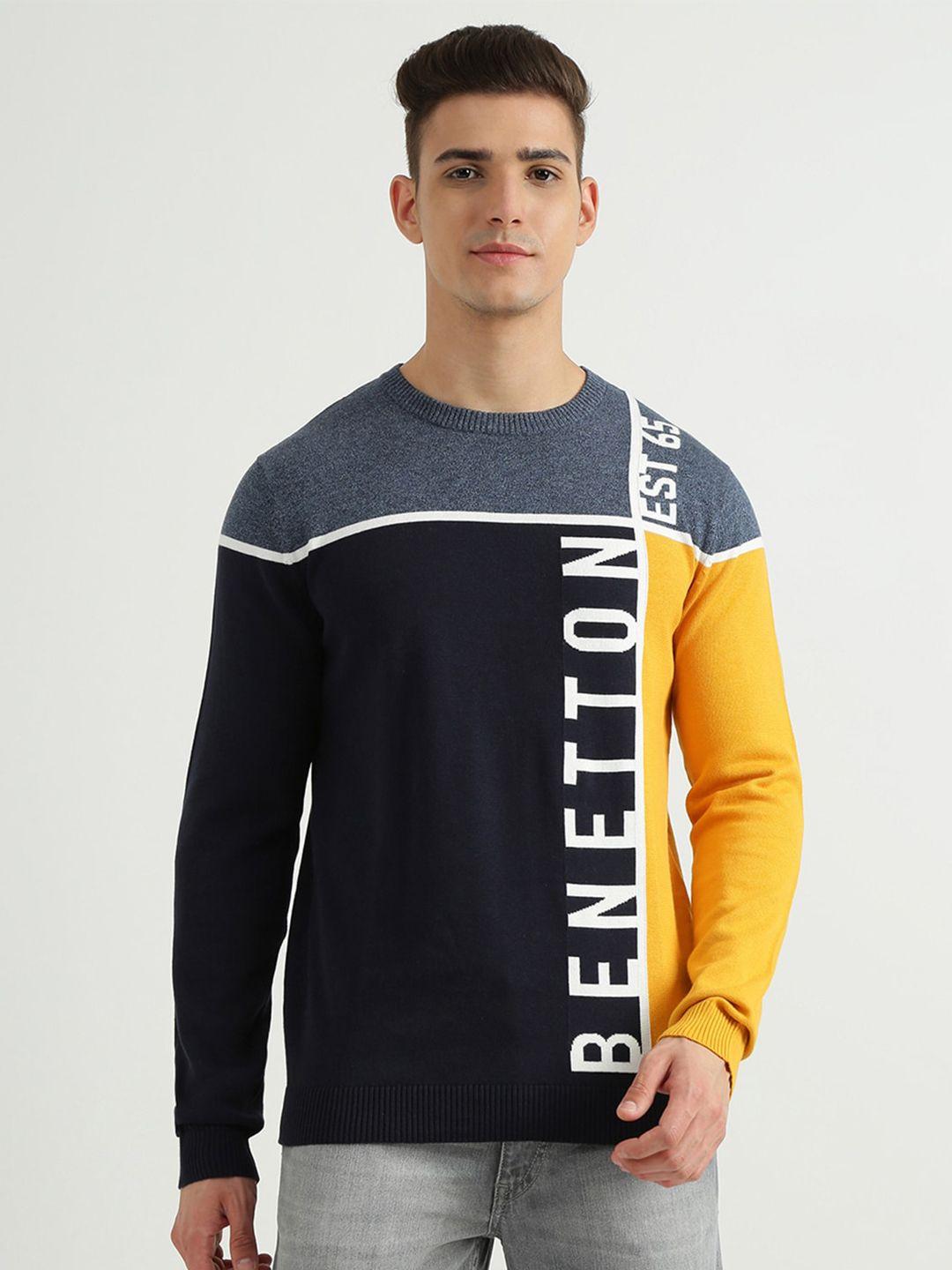 united colors of benetton men grey & yellow typography printed pullover