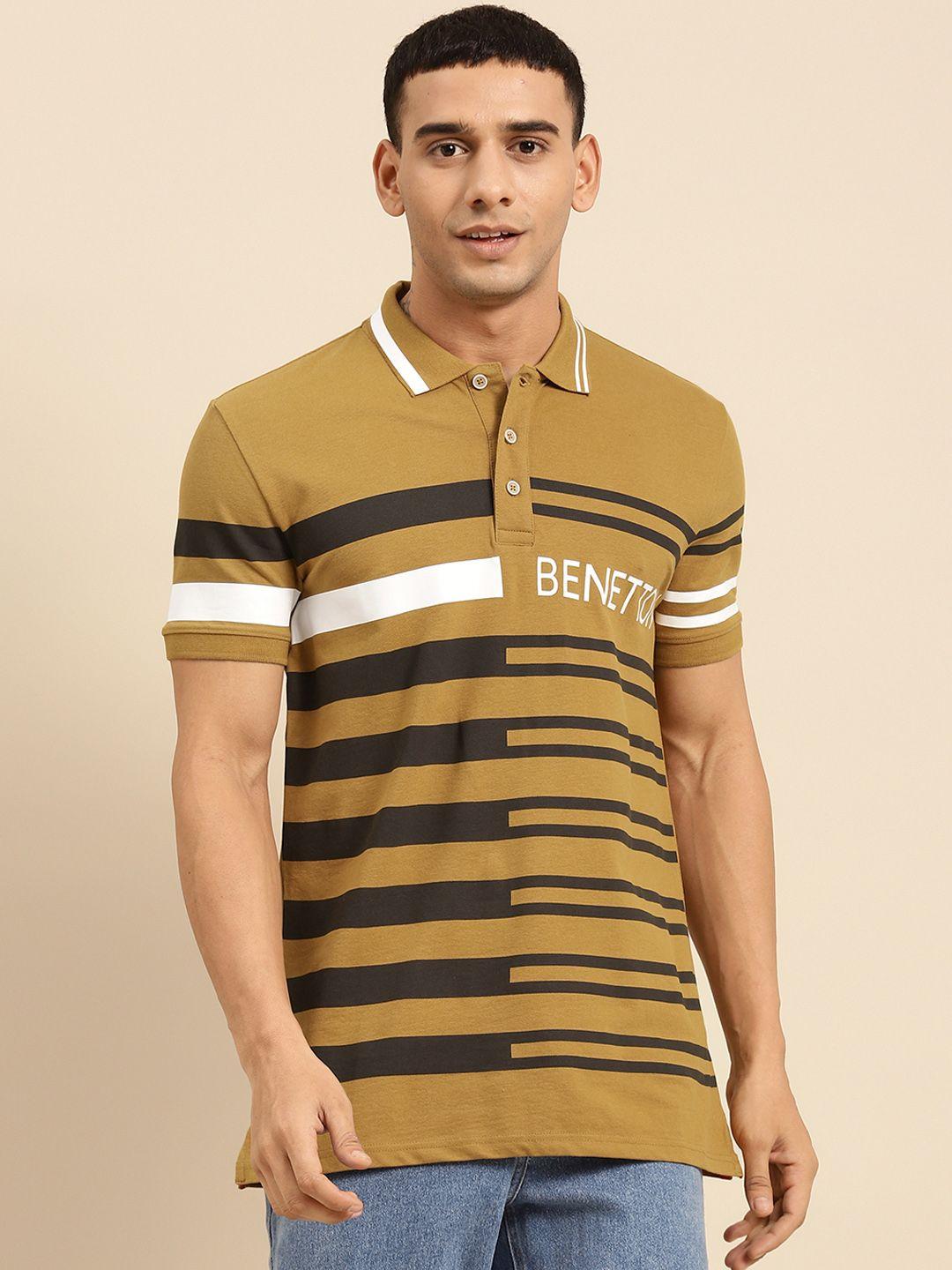 united colors of benetton men khaki & black striped polo collar t-shirt