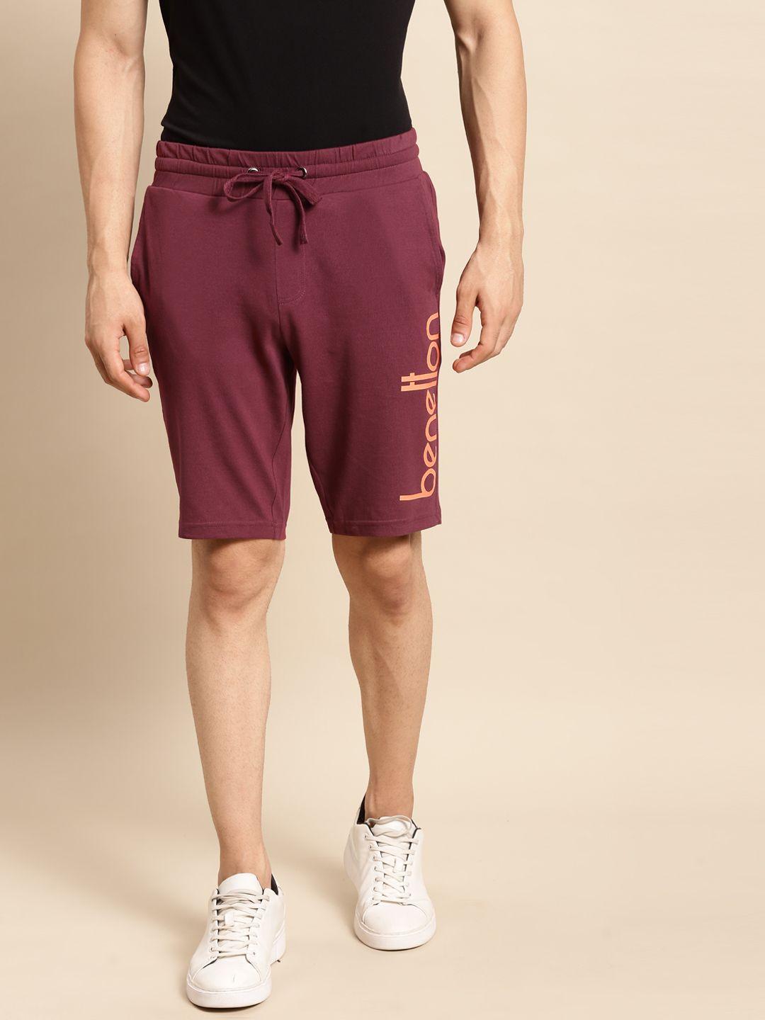 united colors of benetton men maroon brand logo printed pure cotton shorts