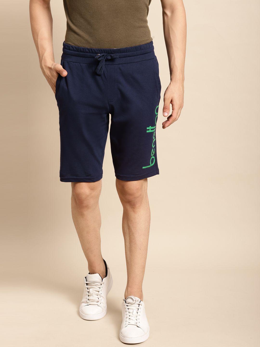 united colors of benetton men navy blue & green brand logo pure cotton slim fit shorts
