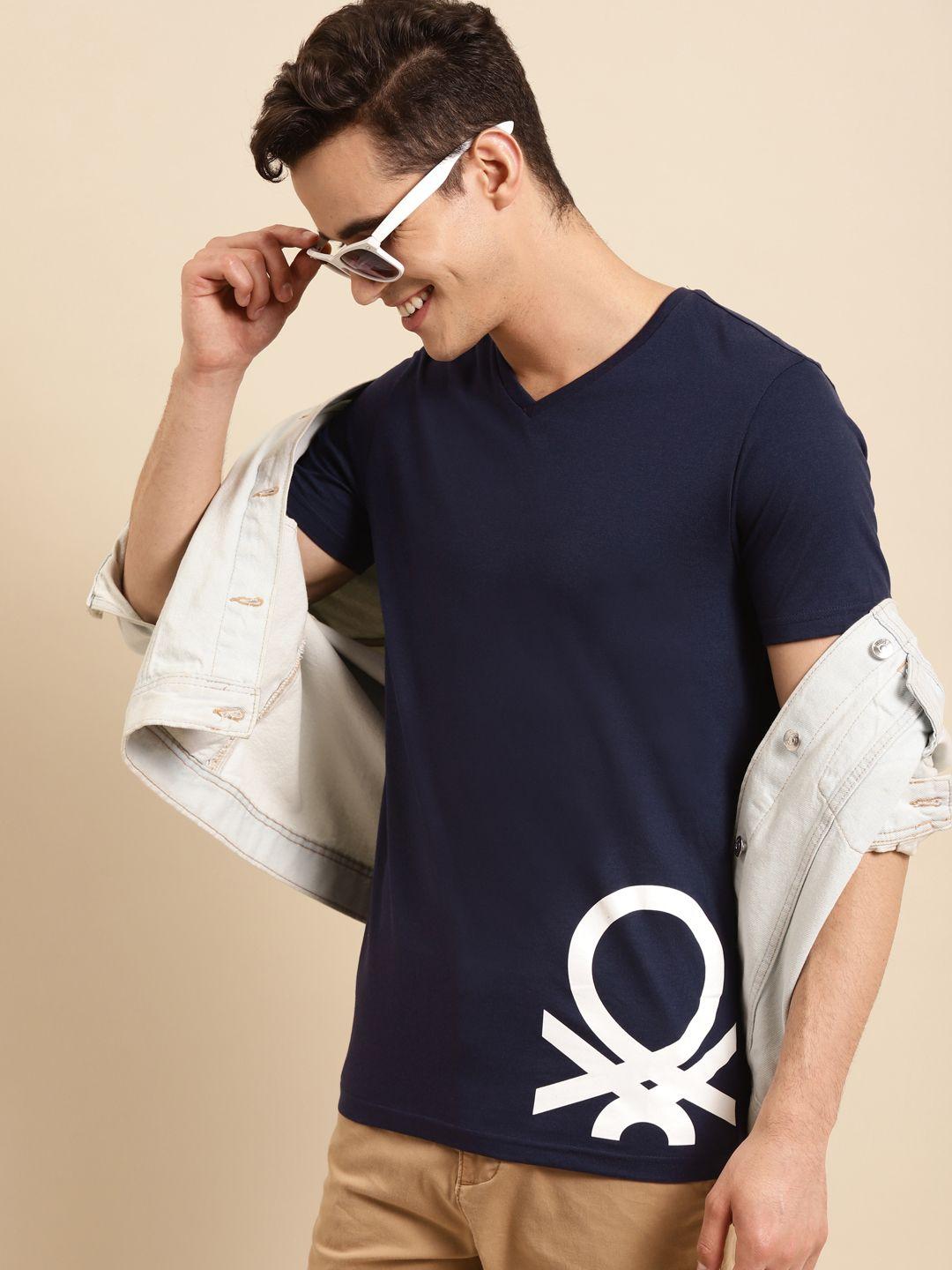 united colors of benetton men navy blue & white brand logo printed v-neck t-shirt