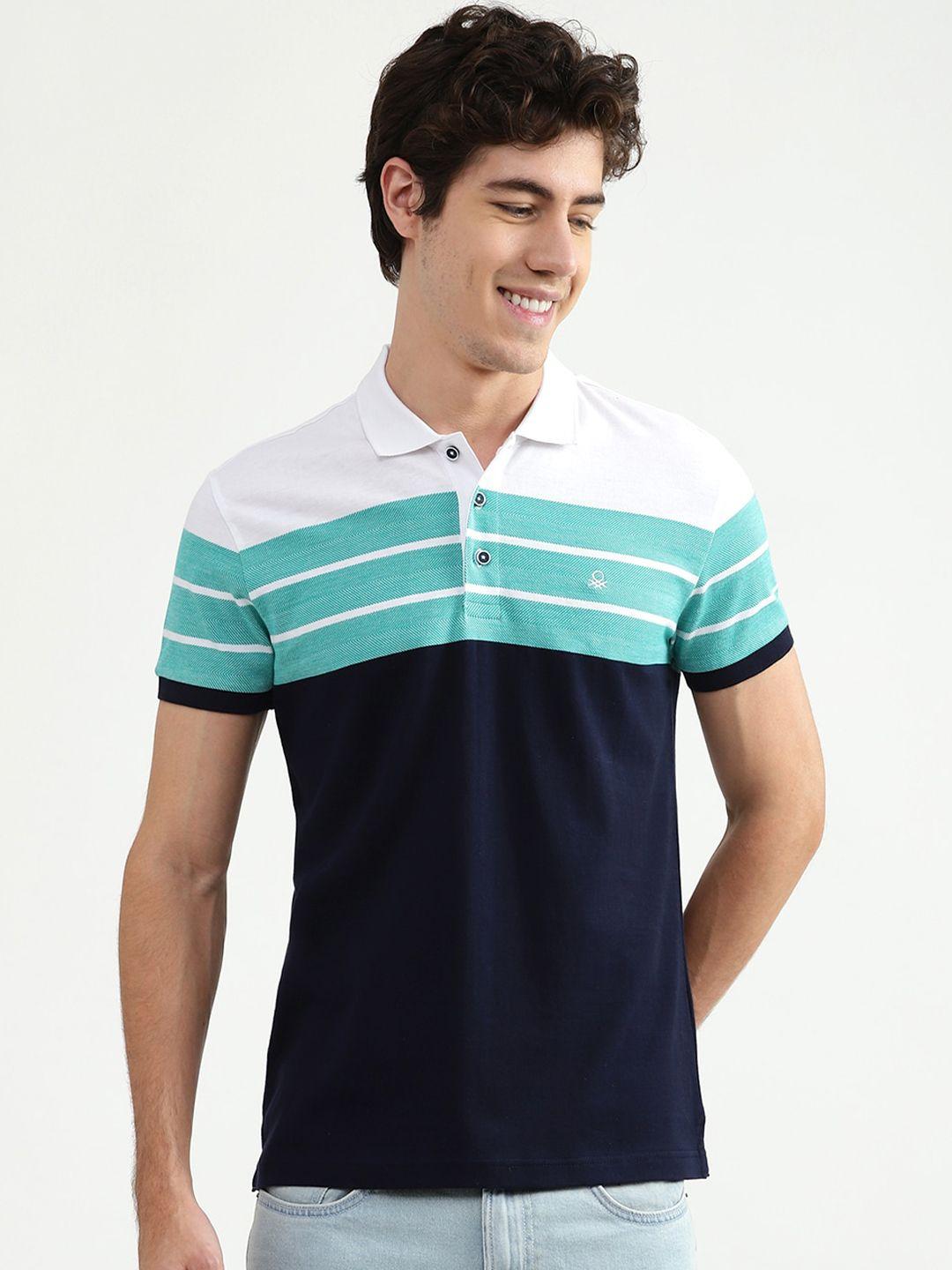 united colors of benetton men navy blue & white colourblocked cotton polo collar t-shirt