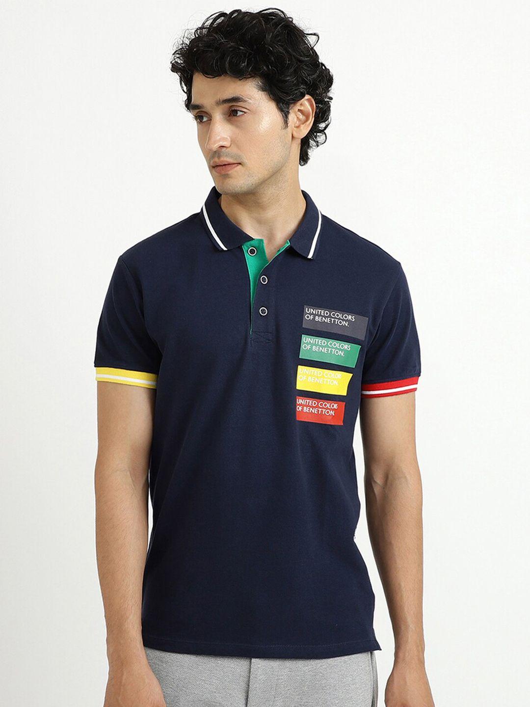united colors of benetton men navy blue & yellow polo collar cotton t-shirt