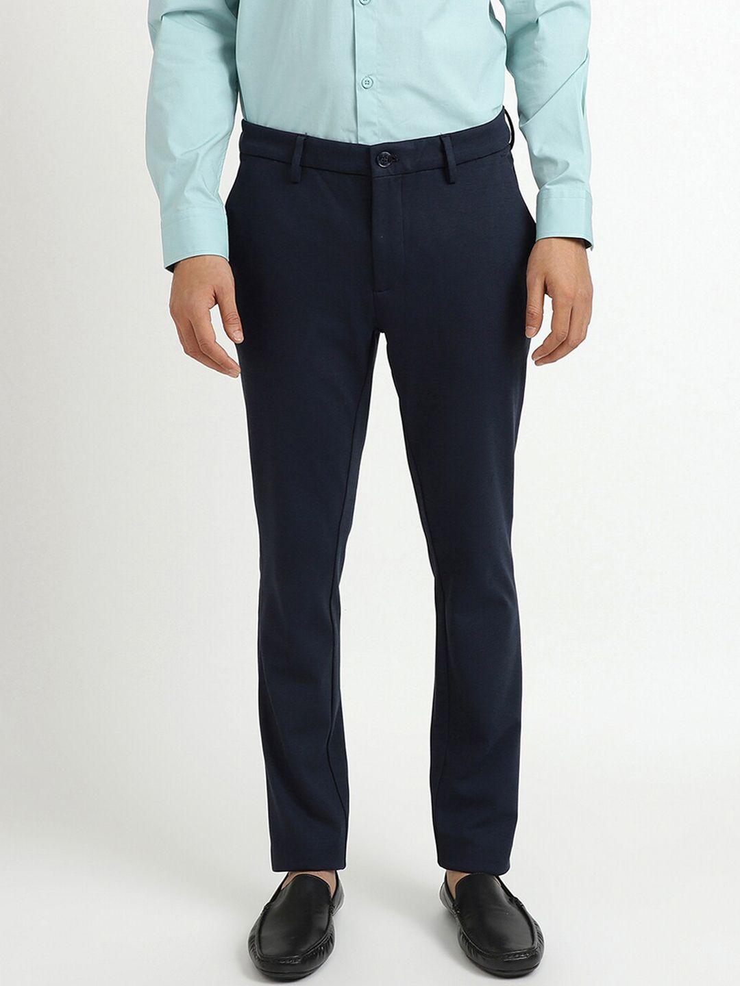 united colors of benetton men navy blue cotton solid slim fit trousers