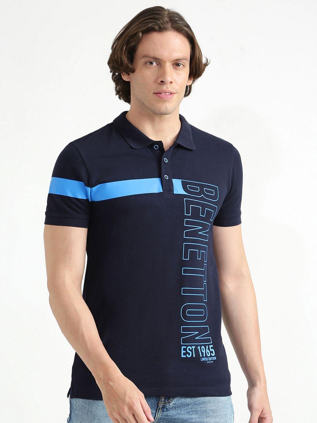 united colors of benetton men navy blue typography printed polo collar cotton t-shirt