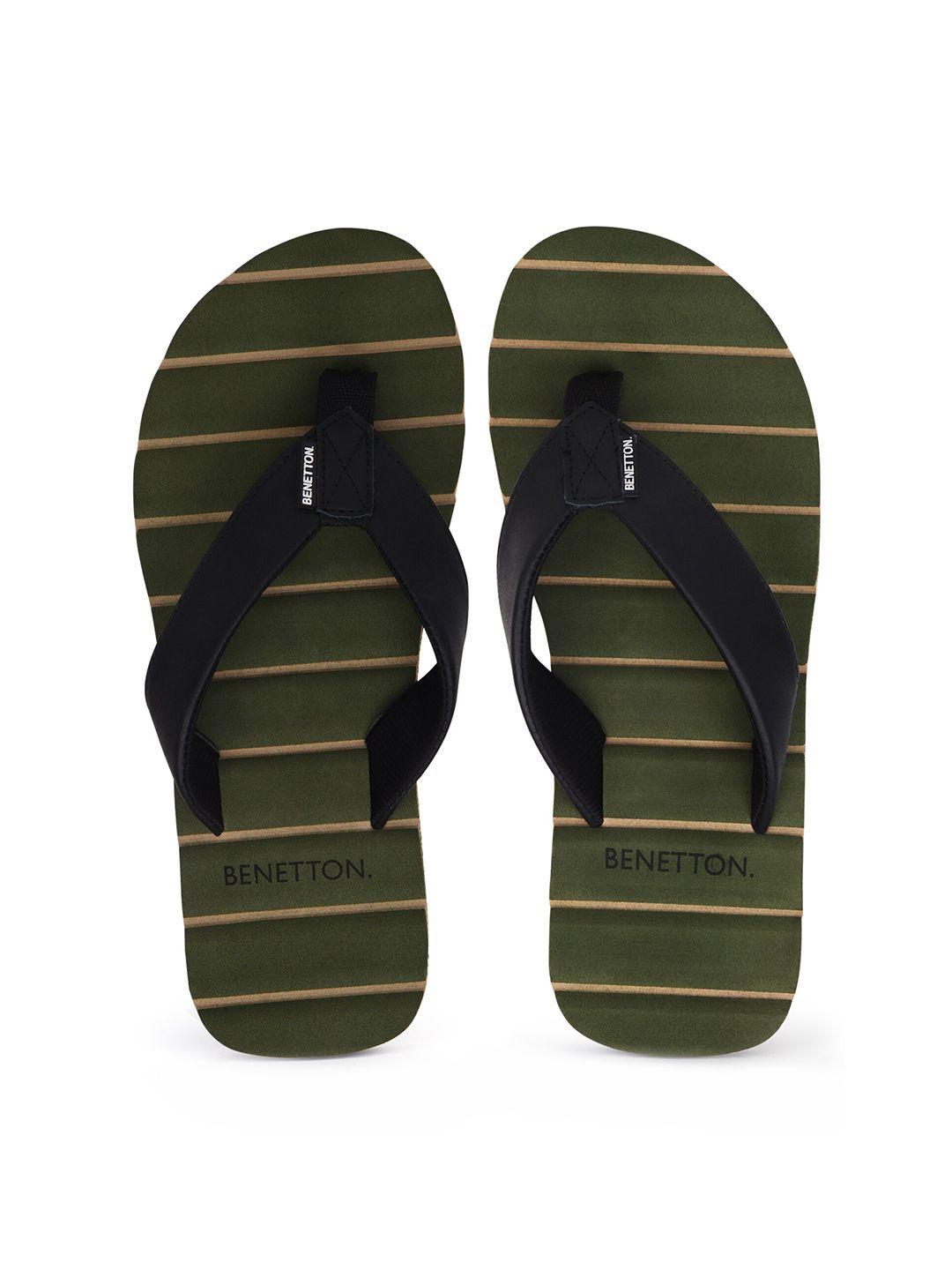 united colors of benetton men olive green & black printed thong flip-flops