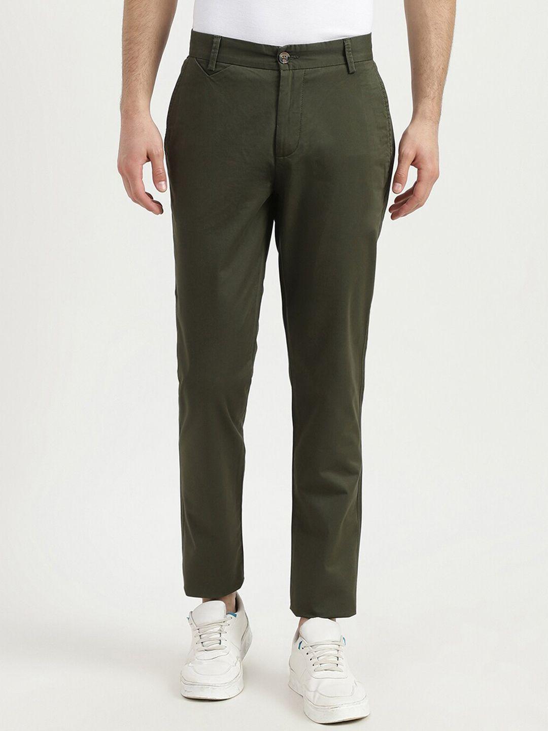 united colors of benetton men olive green cotton solid slim fit trousers