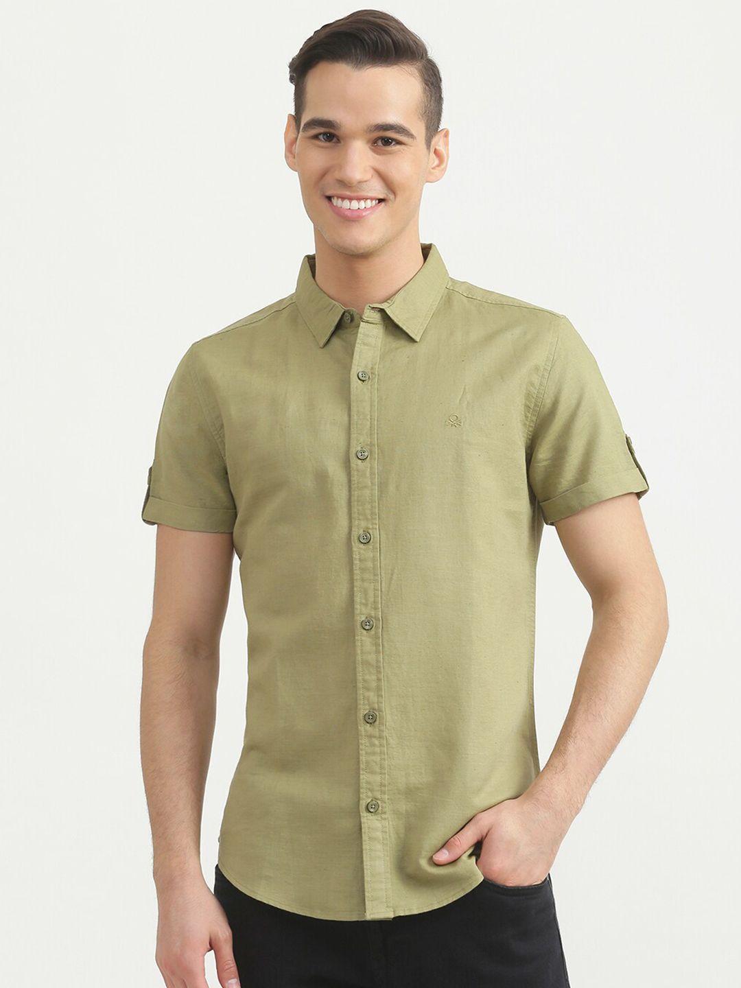 united colors of benetton men olive green slim fit casual shirt
