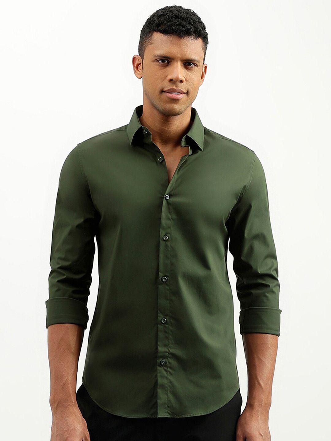 united colors of benetton men olive green slim fit opaque casual shirt