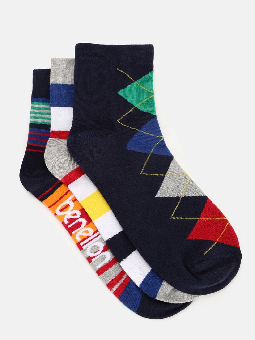 united colors of benetton men pack of 3 striped patterned above ankle-length socks