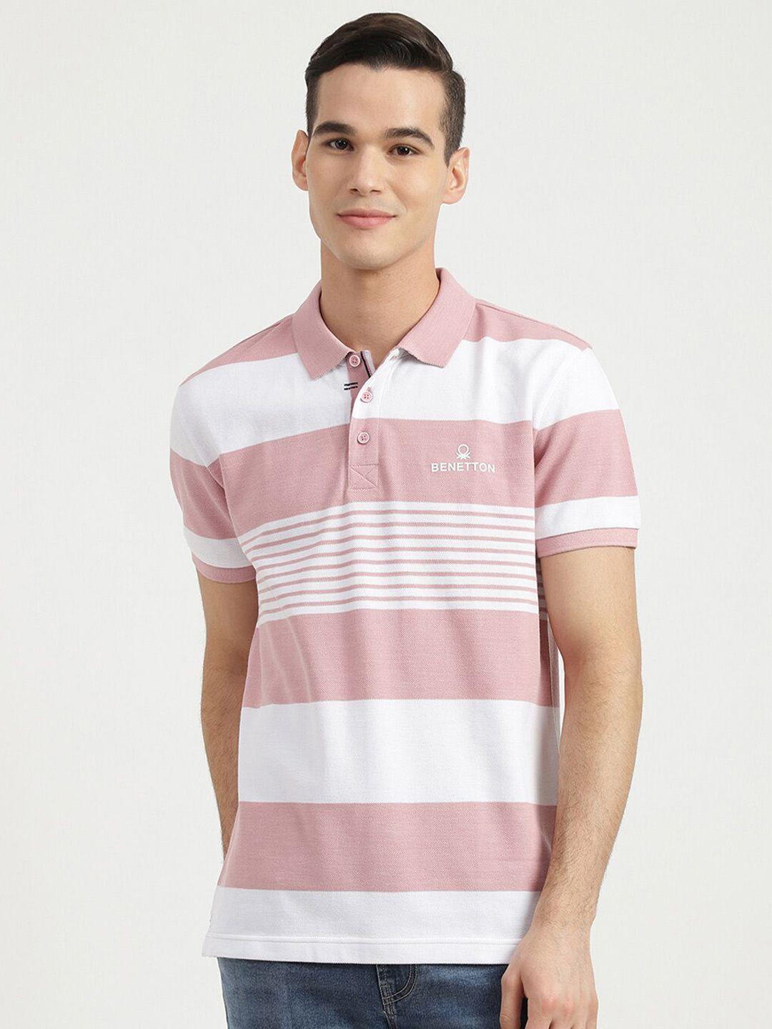 united colors of benetton men pink striped polo collar cotton t-shirt