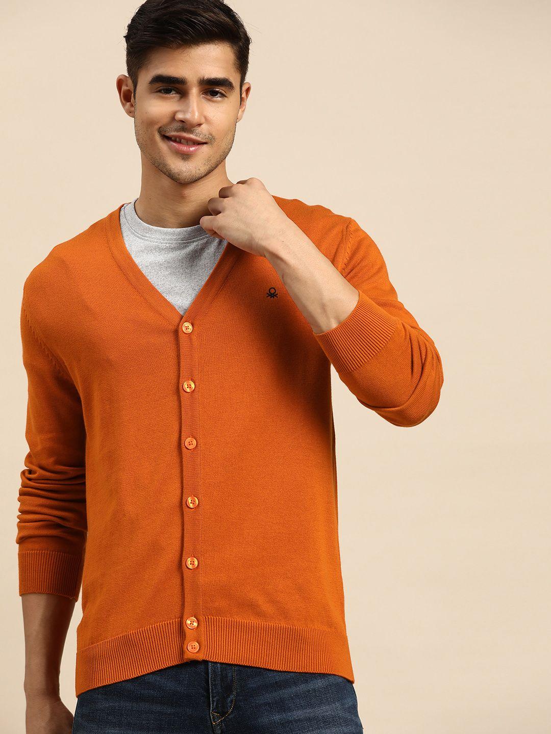 united colors of benetton men rust orange solid pure cotton cardigan