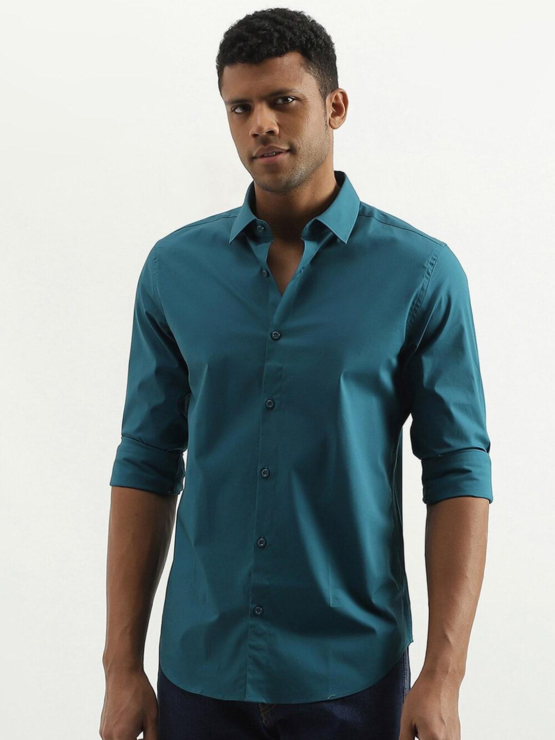 united colors of benetton men teal slim fit opaque casual shirt