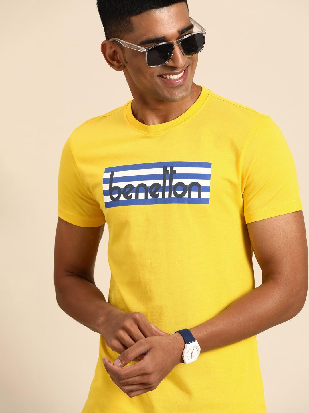 united colors of benetton men yellow & blue brand logo printed pure cotton t-shirt