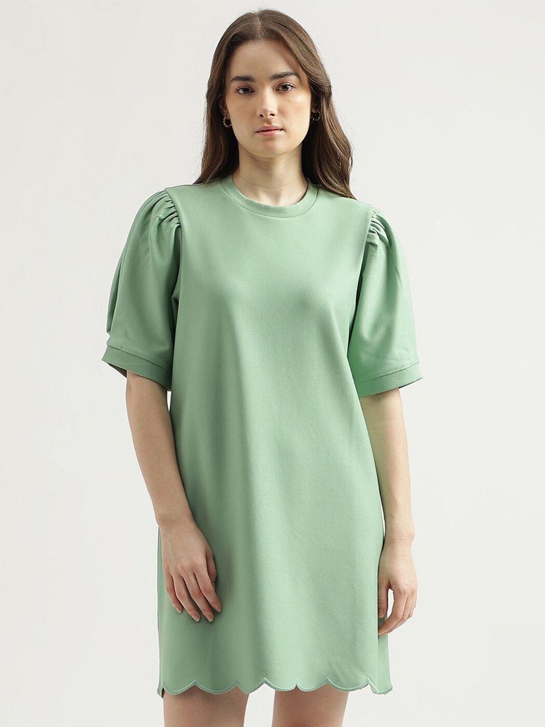 united colors of benetton puff sleeves scalloped hem a-line dress