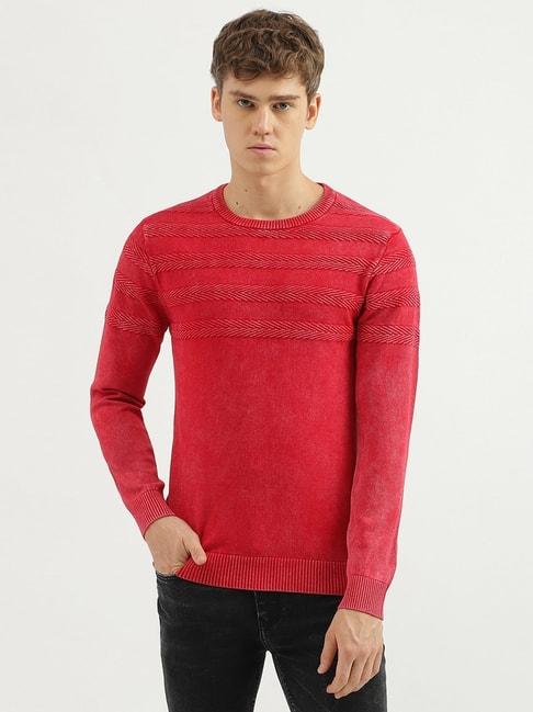 united colors of benetton red cotton regular fit texture sweater