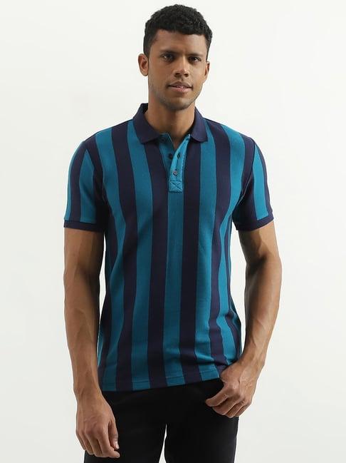 united colors of benetton teal & navy regular fit striped polo t-shirt