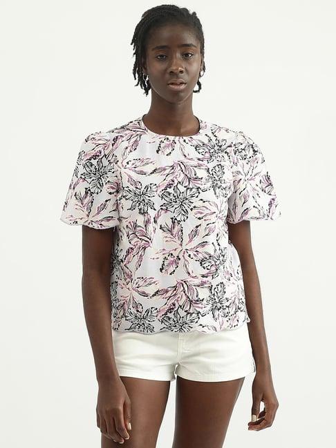 united colors of benetton white & purple printed top
