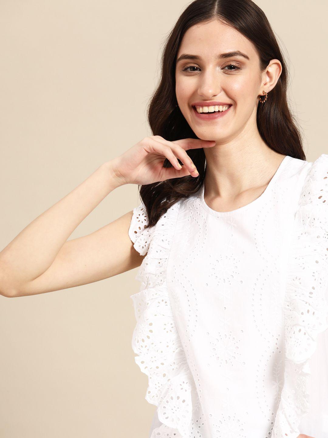 united colors of benetton white pure cotton schiffli embroidered ruffles top