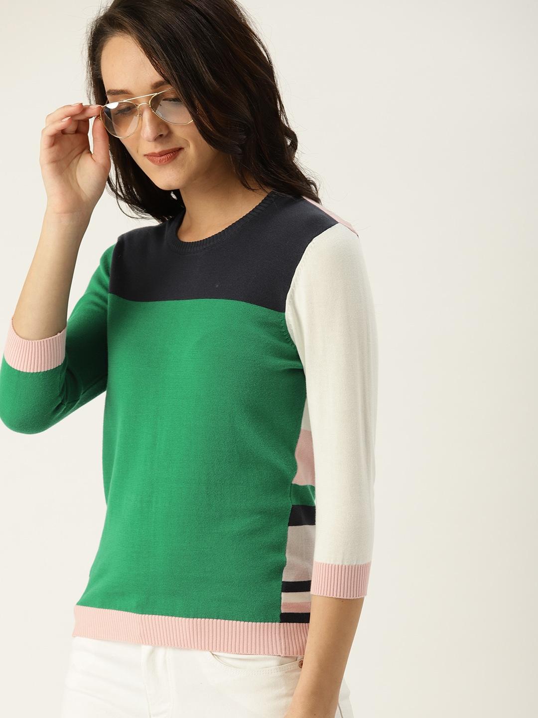 united colors of benetton women green & white striped pullover sweater