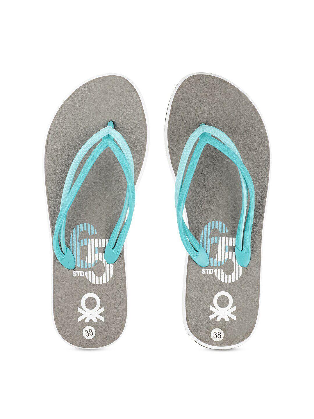 united colors of benetton women grey & blue printed rubber thong flip-flops