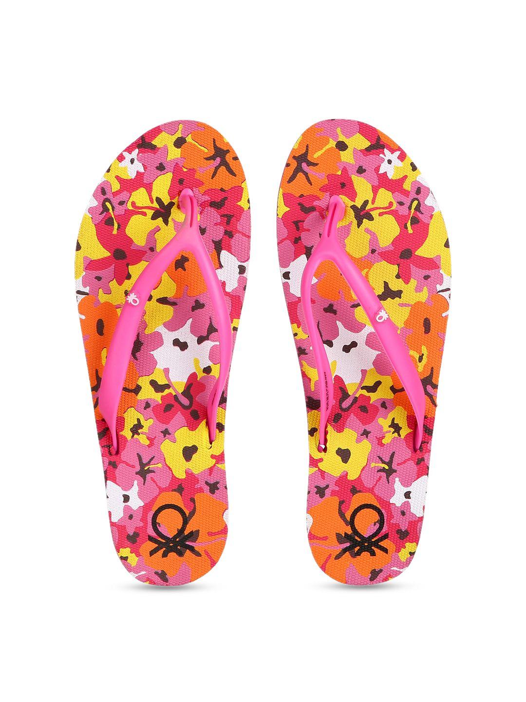 united colors of benetton women pink & yellow printed thong flip-flops