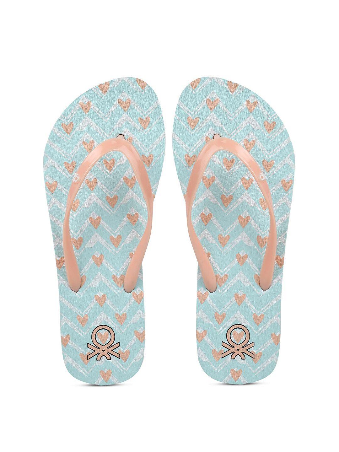 united colors of benetton women sea green & peach-coloured printed rubber thong flip-flops