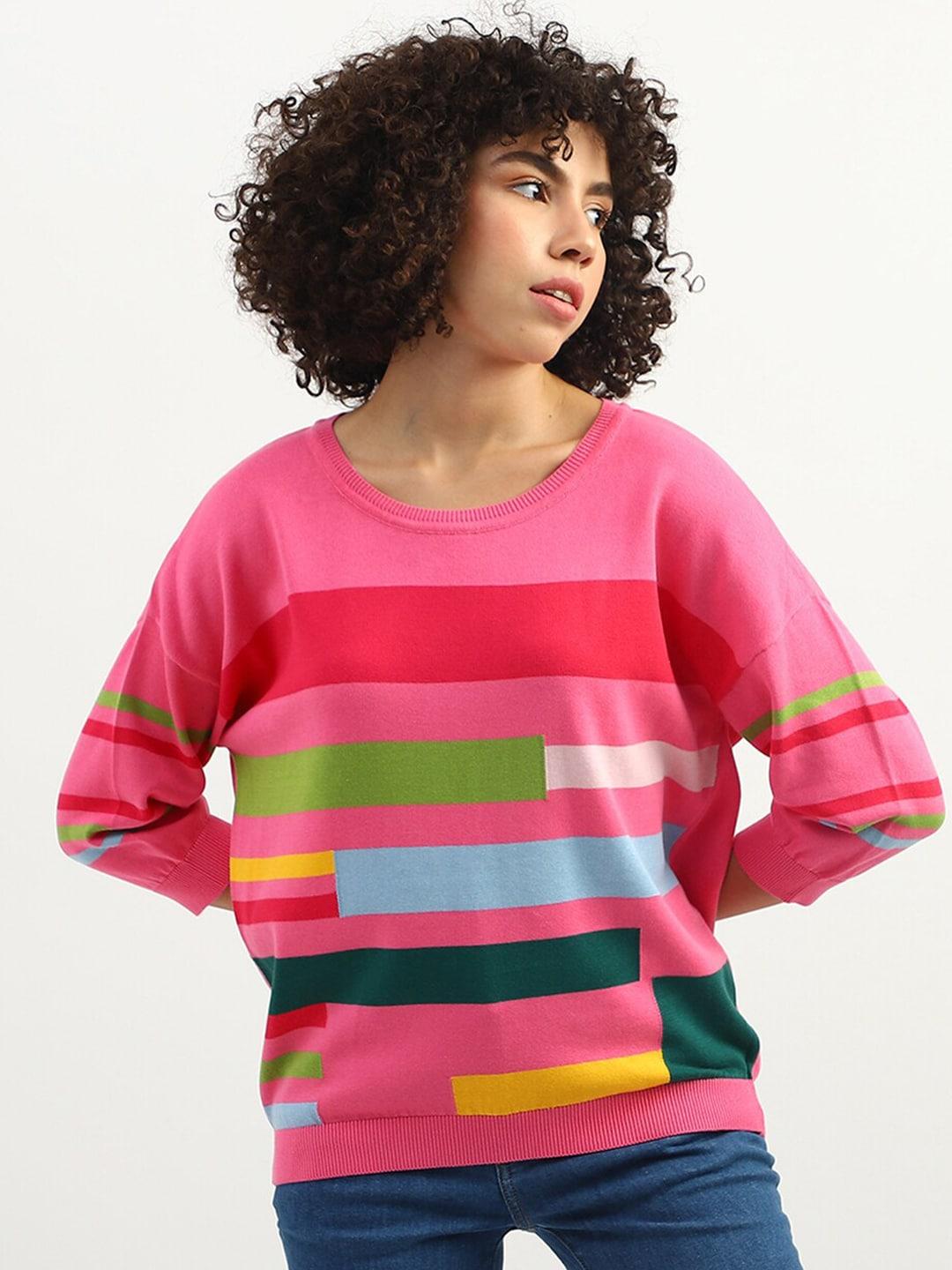 united colors of benetton womenround neck colourblocked cotton pullover sweater