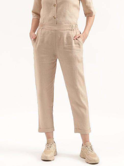 united colors of benetton beige linen regular fit mid rise trousers