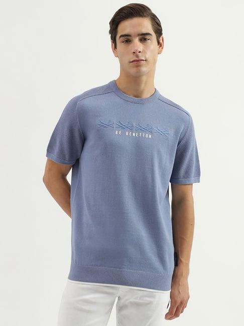 united colors of benetton blue cotton regular fit embroidered t-shirt