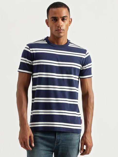 united colors of benetton blue cotton regular fit striped t-shirt