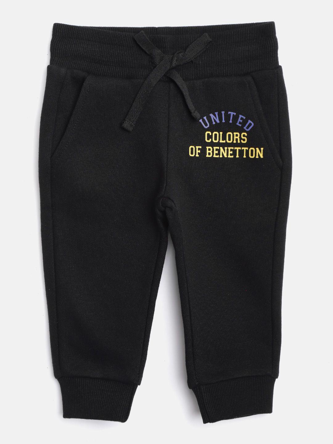united colors of benetton boys black solid joggers with printed detail