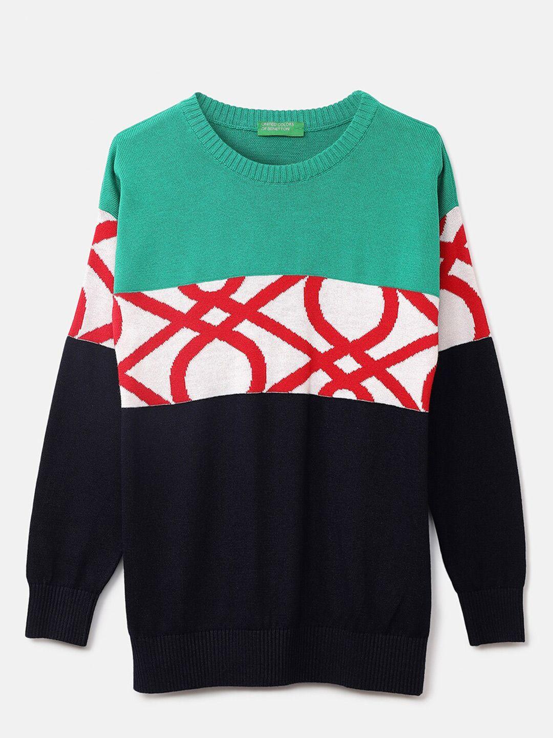 united colors of benetton boys green & white colourblocked printed pullover