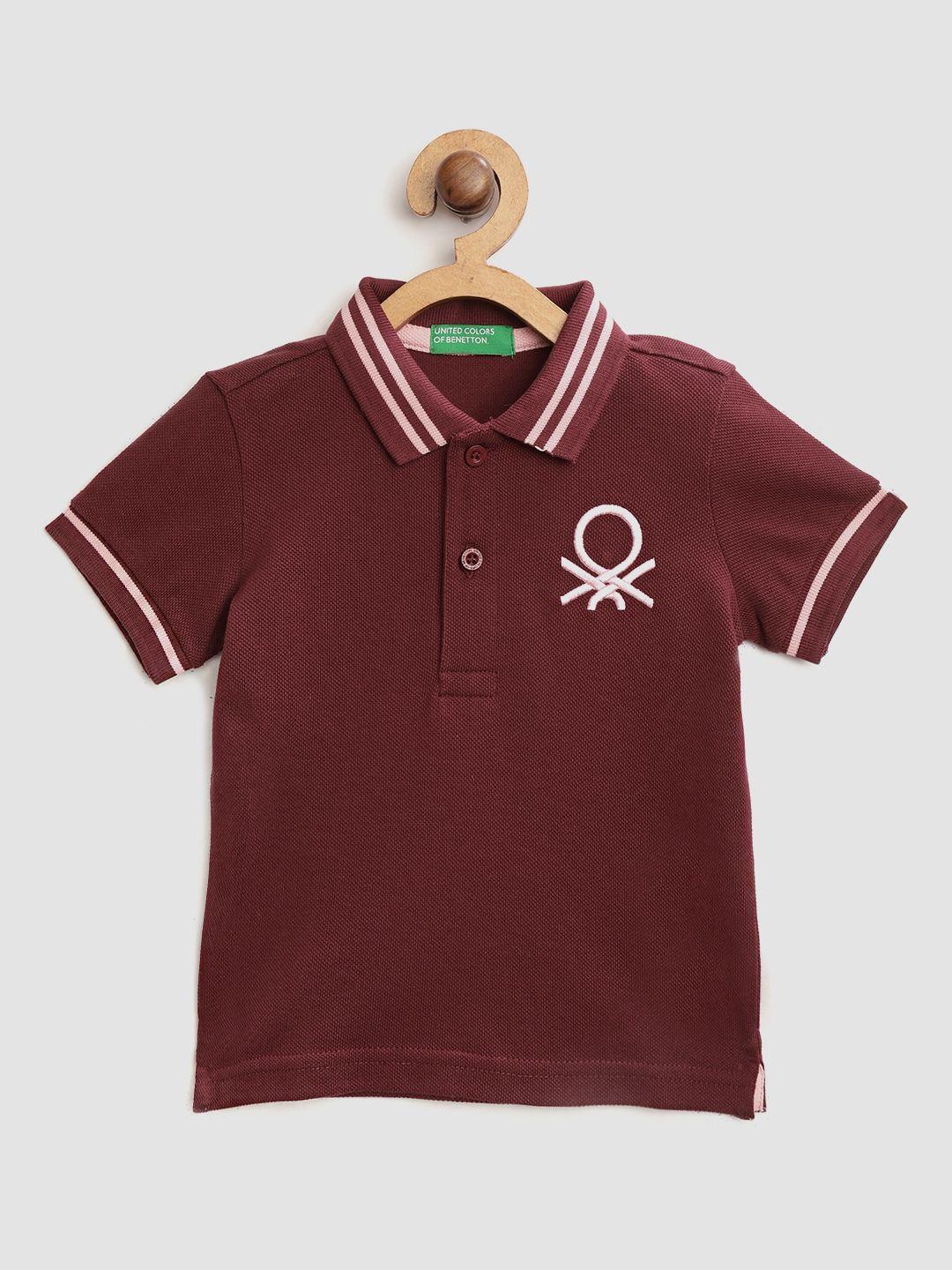 united colors of benetton boys maroon solid polo collar t-shirt with embroidered detail