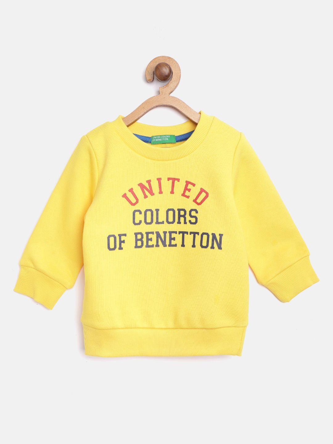 united colors of benetton boys mustard yellow & navy blue brand logo printed sweatshirt