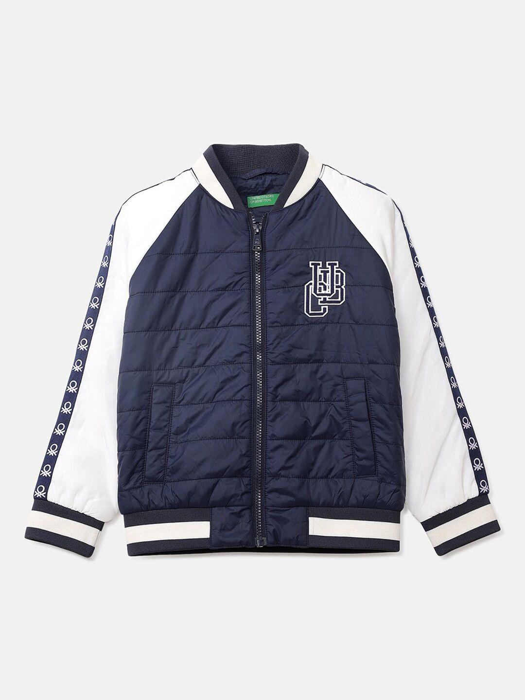 united colors of benetton boys navy blue colourblocked bomber with patchwork jacket