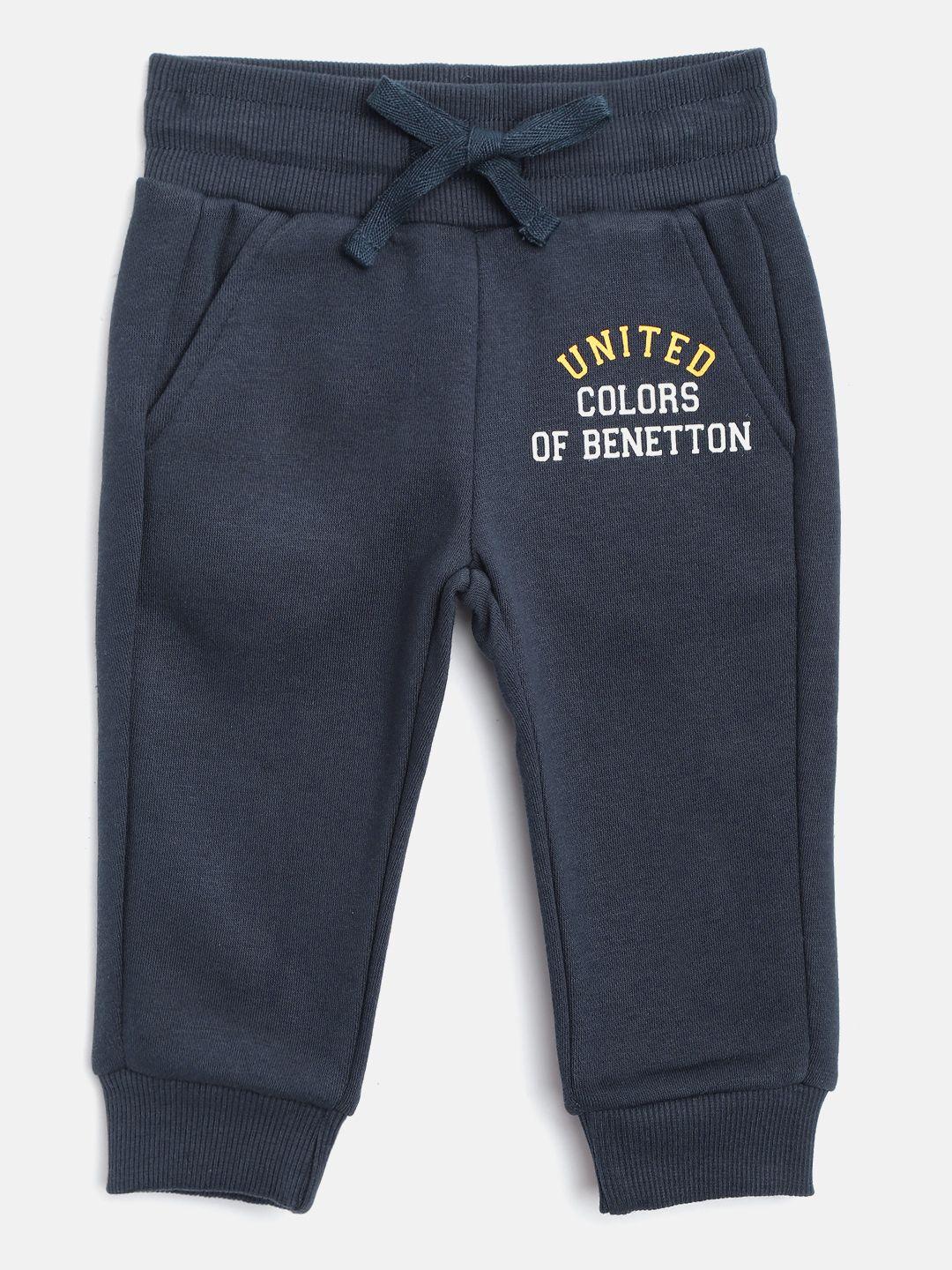 united colors of benetton boys navy solid joggers with printed detail