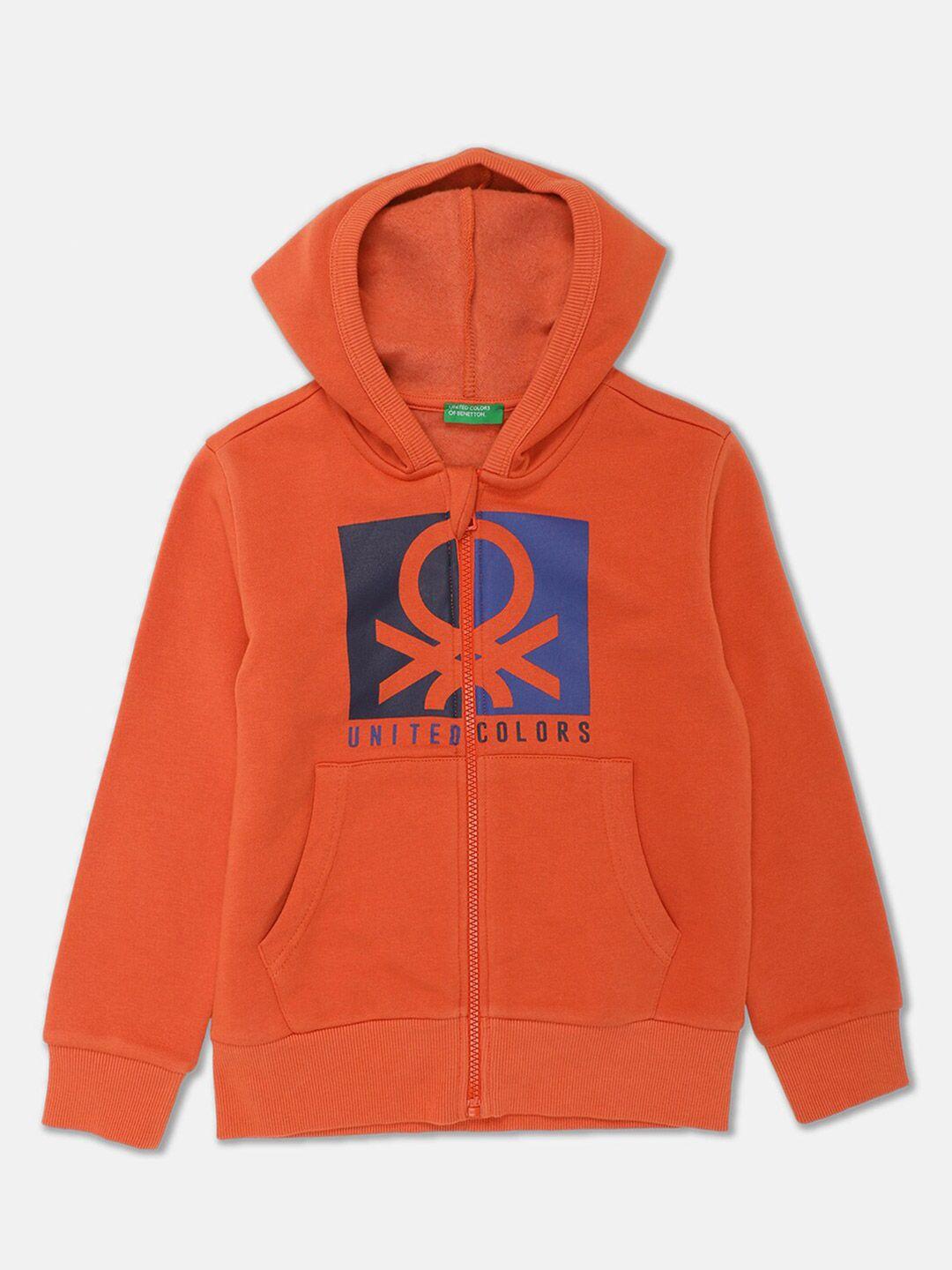 united colors of benetton boys orange printed cotton hooded sweatshirt