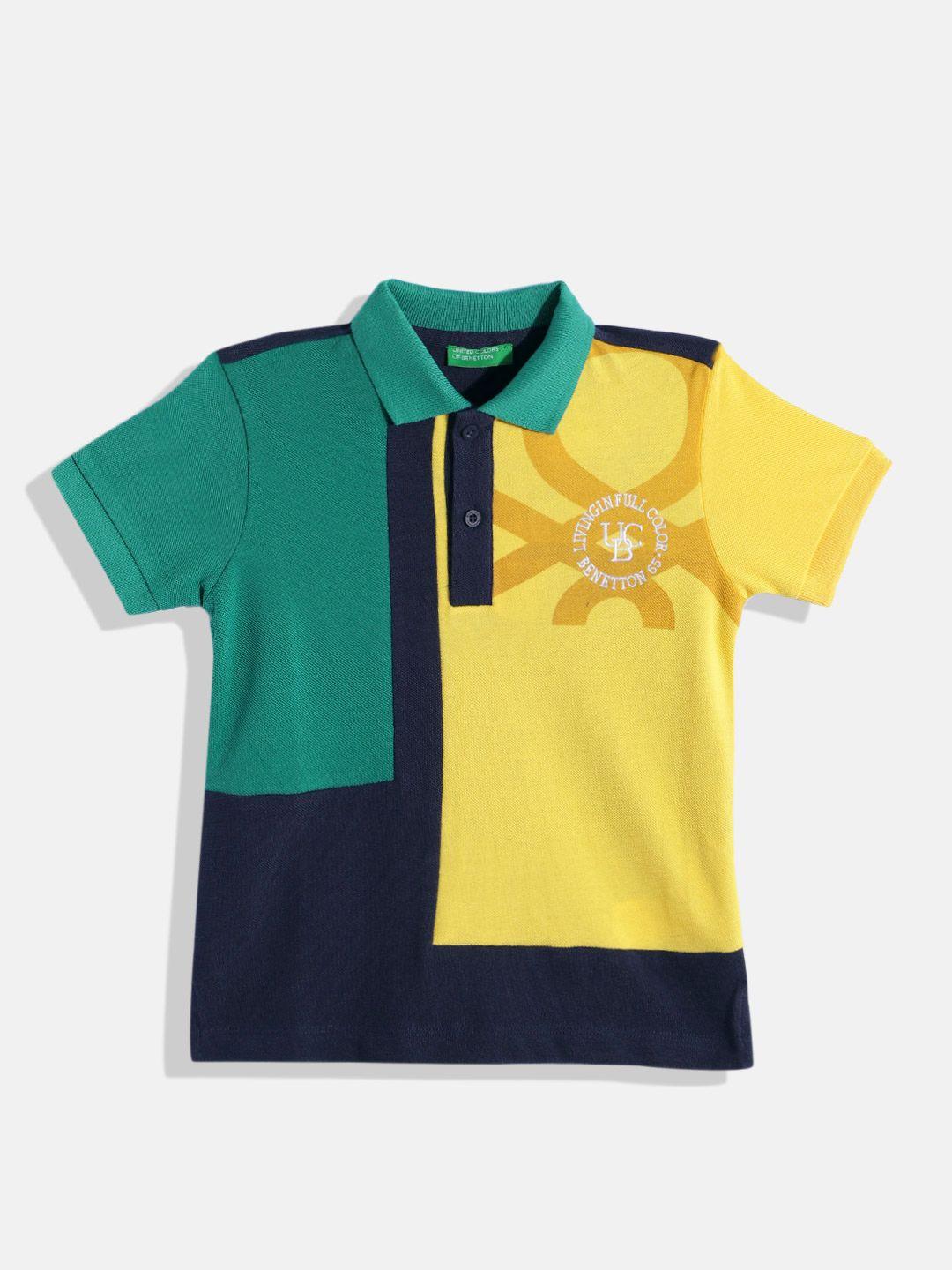 united colors of benetton boys pure cotton brand logo printed & colourblocked polo t-shirt